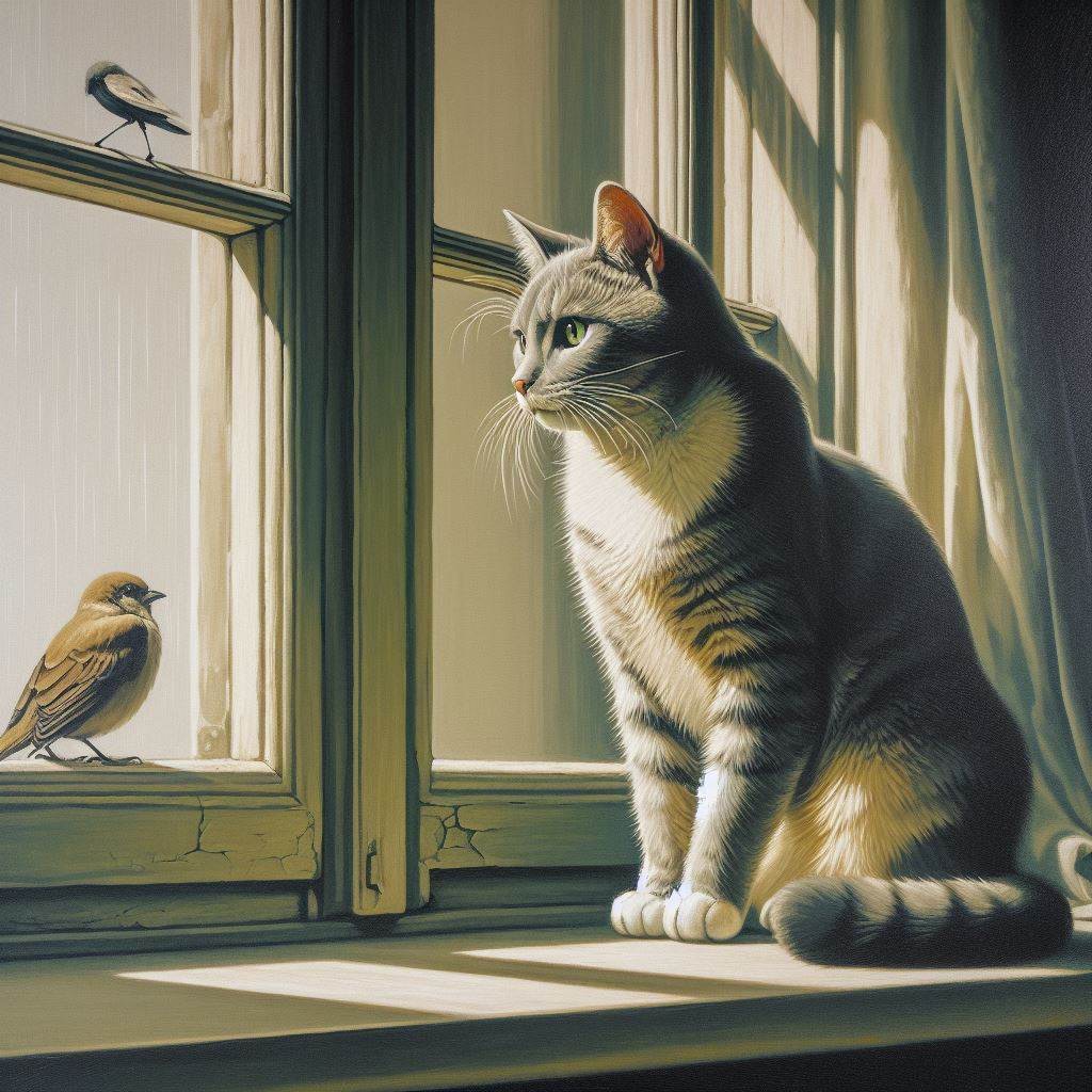 Imagen generada con IA que representa a un gato y un pajarito posados en el alféizar de una ventana