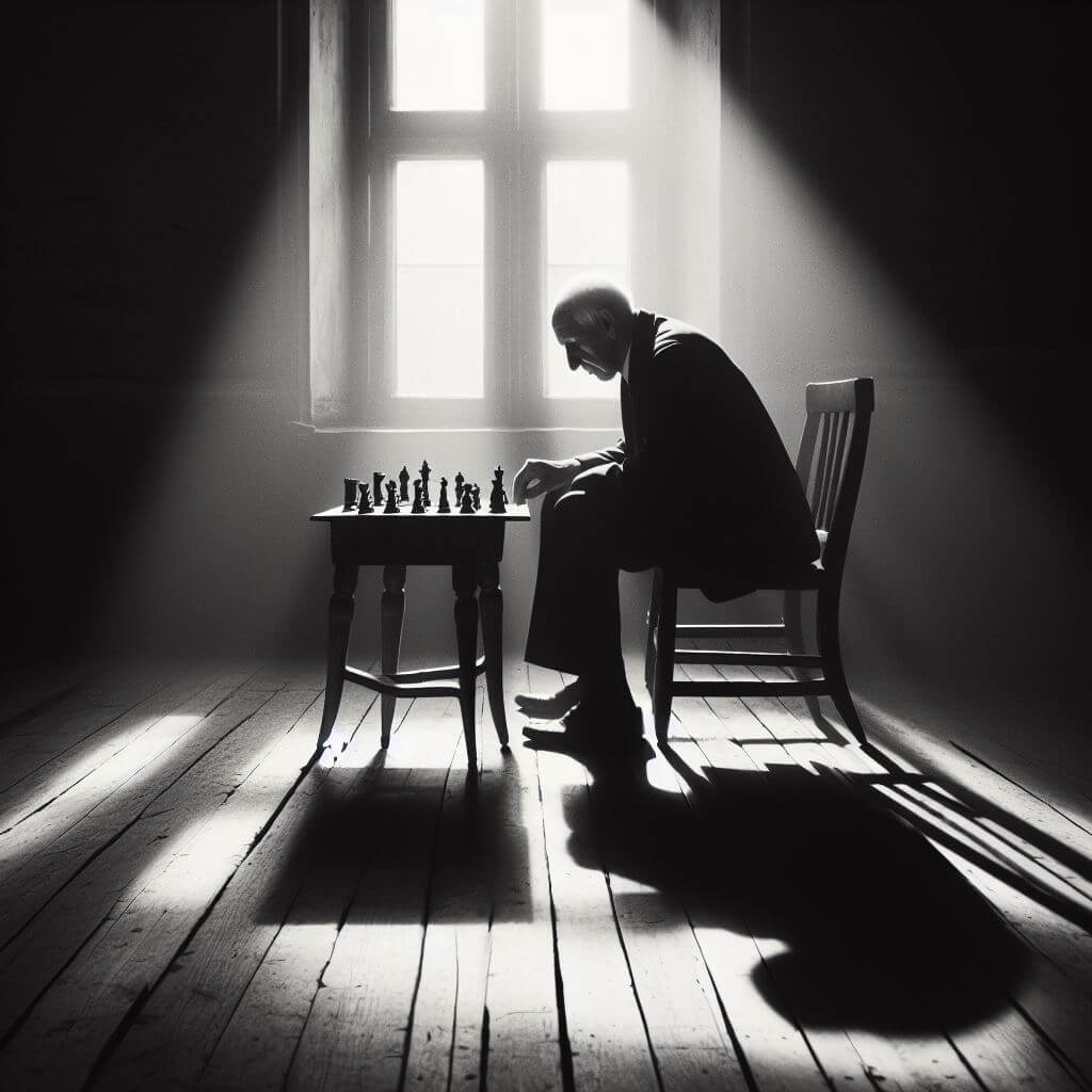 Imagen creada con IA que ilustra a un hombre solitario jugando una partida de ajedrez.