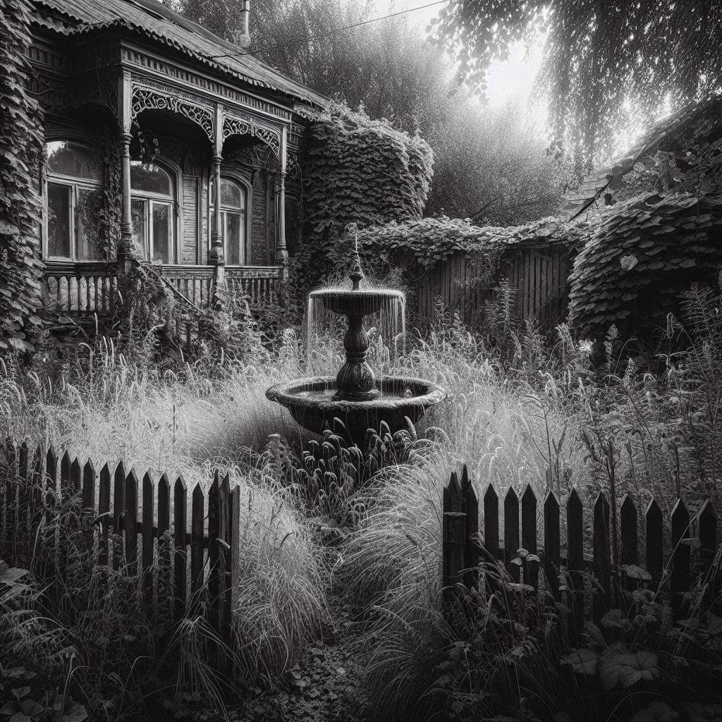 Imagen creada con IA que pretende representar el cuento titulado El patio de Canavan escrito por Joseph Payne Brennan. En ella se observa un patio trasero desolado y una fuente seca rodeada de vegetación.