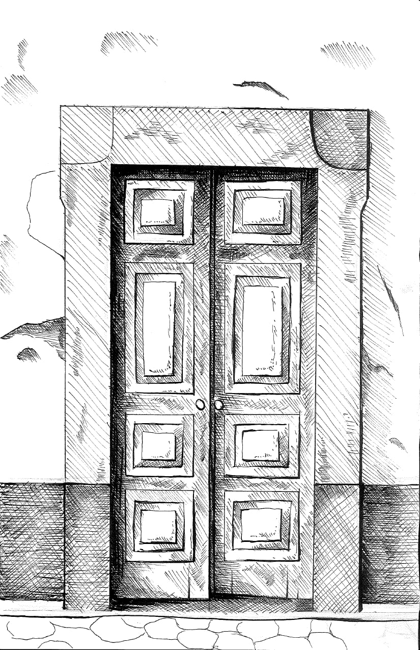 Ilustración de Luis Miguel Carvajal que representa a una puerta antigua y grande.