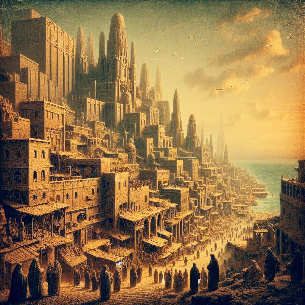 Imagen creada con IA que representa lo que podría haber sido la antigua ciudad de Babilonia que Jorge Luis Borges narra en su cuento.