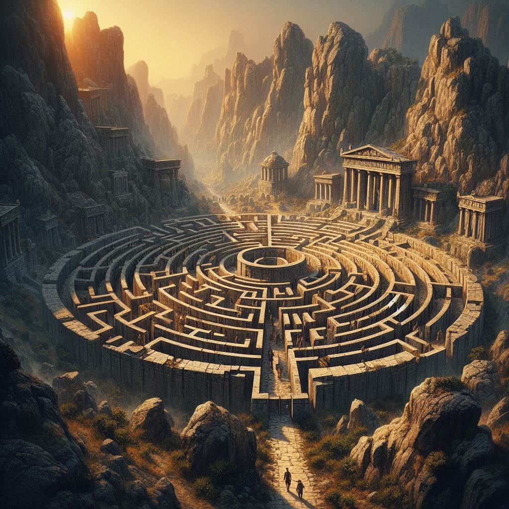 Imagen creada con IA que representa de manera ficticia el antiguo laberinto de Creta construido por Dédalo. Se ve el laberinto circular rodeador de acantilados de piedra.