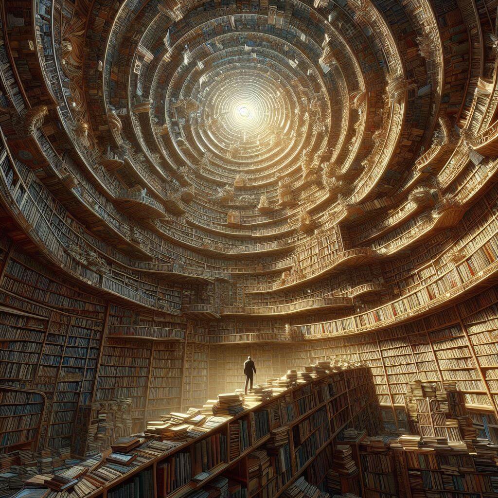 Imagen generada con IA que simboliza la fantástica biblioteca de Babel imaginada por Jorge Luis Borges.