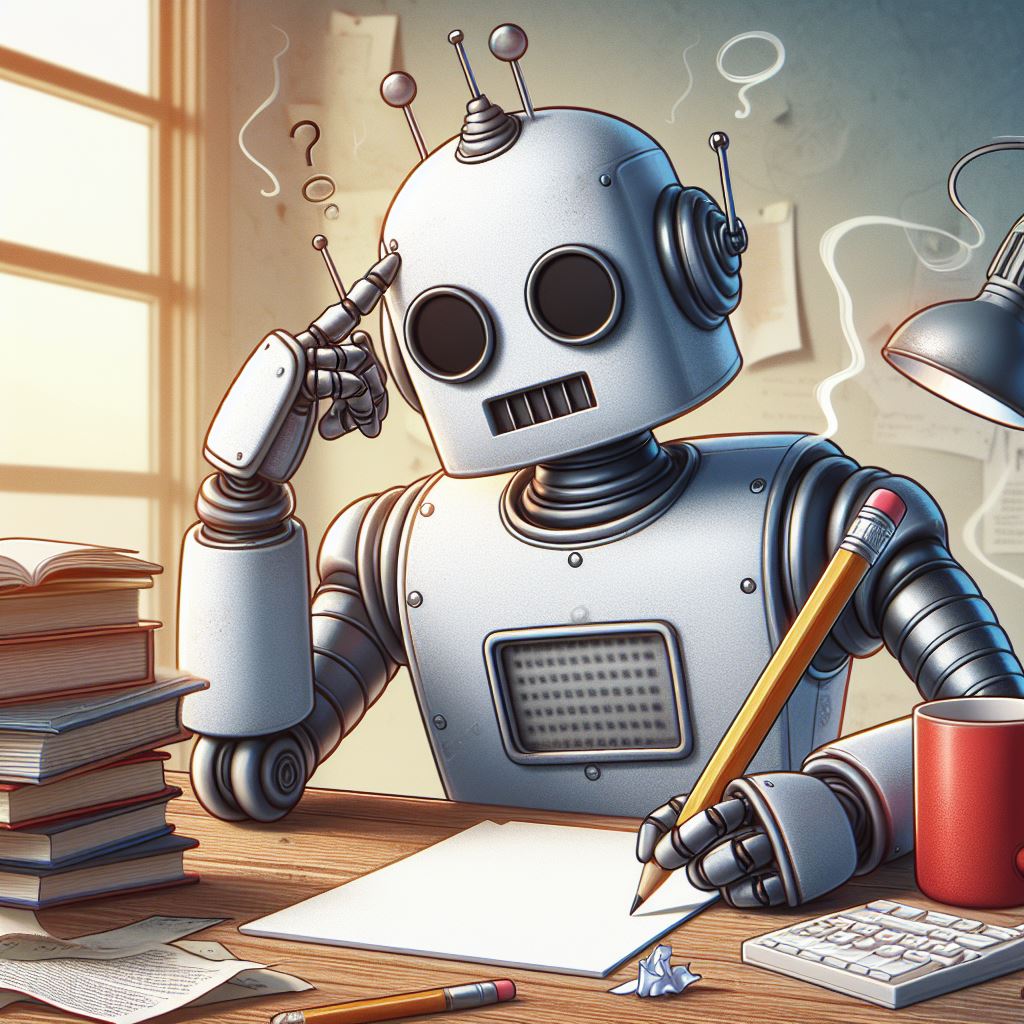 Imagen generada con Inteligencia Artificial que representa a un robot tratando de escribir un poema