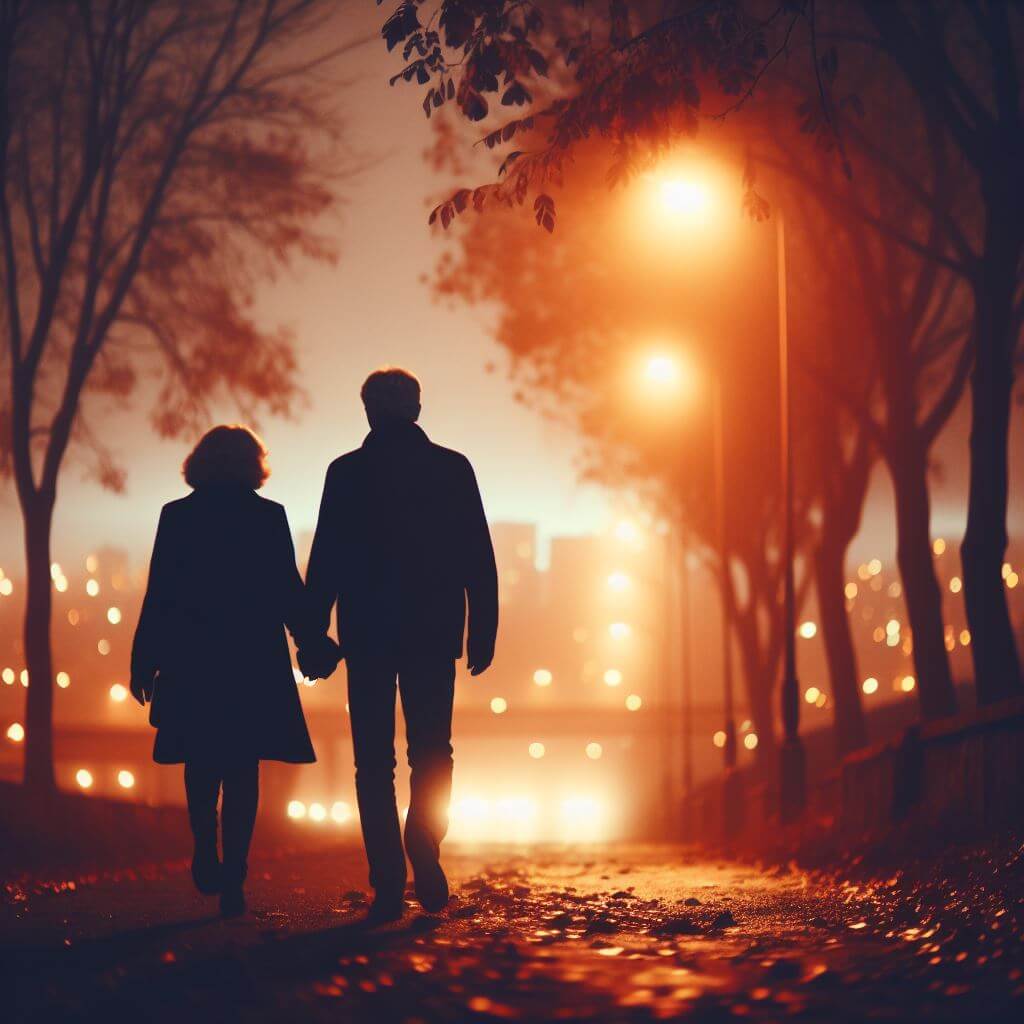 Imagen generada con IA de una pareja que camina tomada de la mano entrada la noche por una calle solitaria.