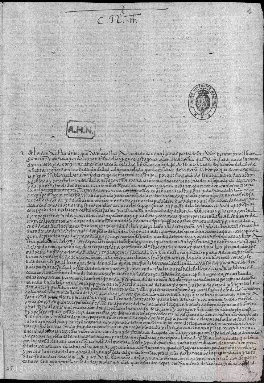 Imagen de documento del siglo XVI redactado por el conquistador español Gaspar de Rodas en Santa Fe de Antioquia
